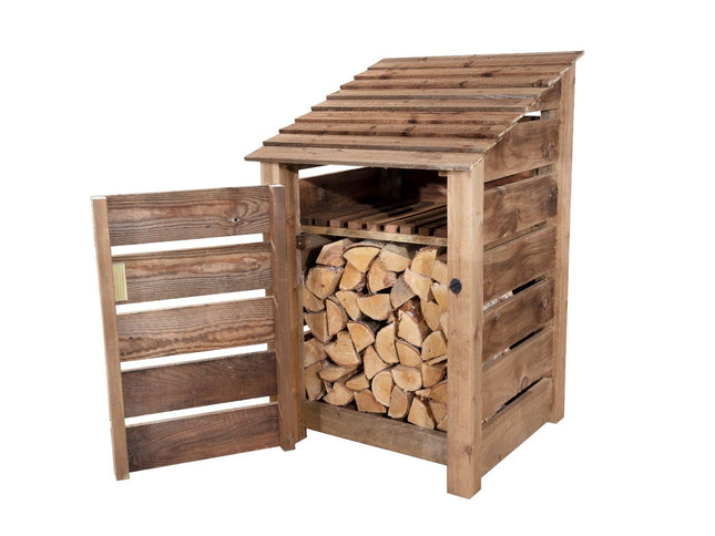 Slatted Wooden Log Store With Door and Shelf W-79cm, H-126cm or 180cm, D-88cm - Brown Finish