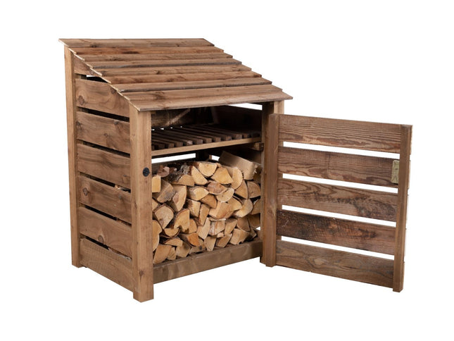 Slatted Wooden Log Store with Door and Shelf W-99cm, H-126cm or 180cm, D-88cm - Brown Finish