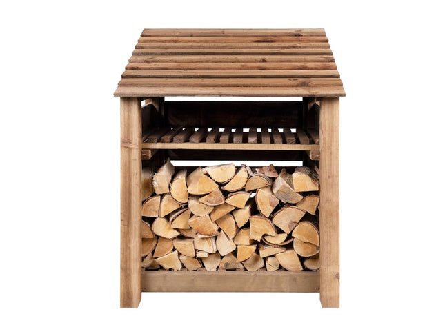 Slatted Wooden Log Store with Shelf W-99cm, H-126cm or 180cm, D-88cm - Brown Finish