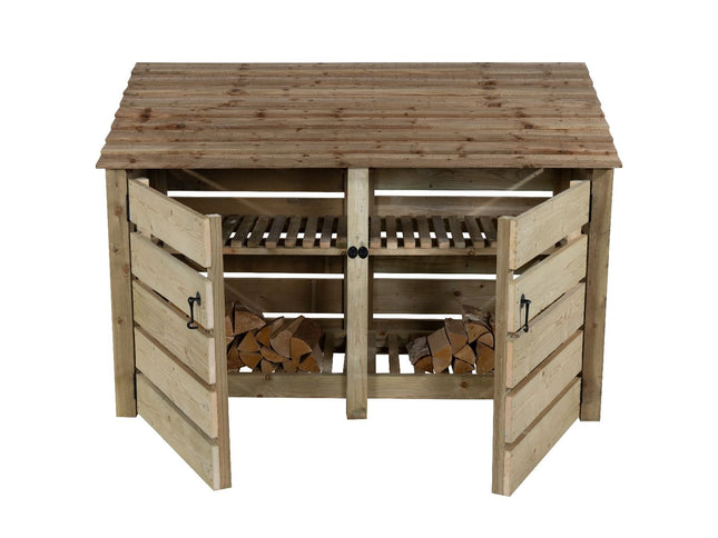 Slatted Wooden Log Store with Doors And Shelf W-187cm, H-126cm or 180cm, D-88cm