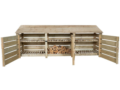 Slatted Wooden Log Store with Doors and Shelf W-335cm, H-126cm or 180cm, D-88cm