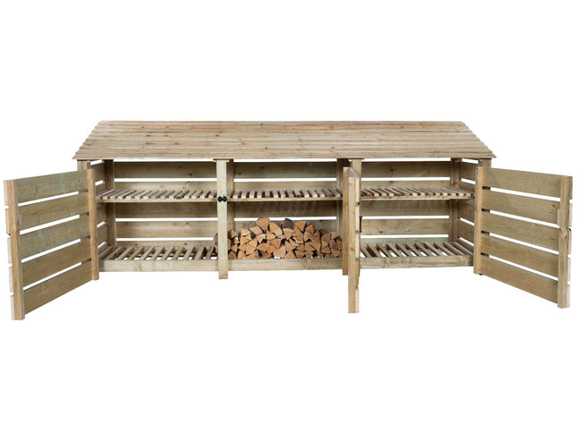 Slatted Wooden Log Store with Doors and Shelf W-335cm, H-126cm or 180cm, D-88cm