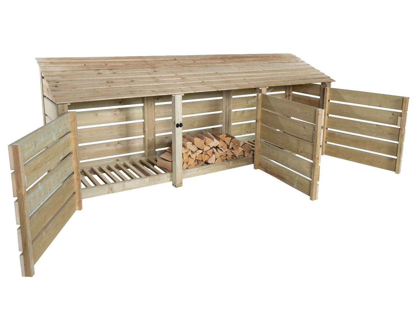 Slatted Wooden Log Store with Doors W-335cm, H-126cm or 180cm, D-88cm