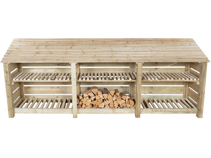 Slatted Wooden Log Store with Shelf W-335cm, H-126cm or 180cm, D-88cm