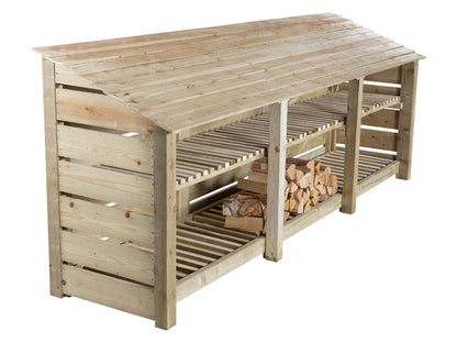 Slatted Wooden Log Store with Shelf W-335cm, H-126cm or 180cm, D-88cm