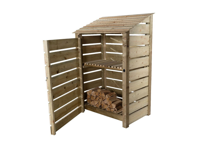 Slatted Wooden Log Store with Door and Shelf W-119cm, H-126cm Or 180cm, D-88cm