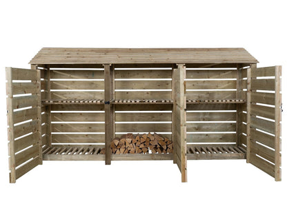 Slatted Wooden Log Store with Doors and Shelf W-335cm, H-126cm or 180cm, D-88cm