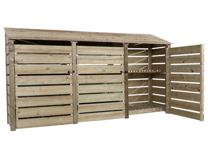 Slatted Wooden Log Store with Doors and Shelf W-335cm, H-126cm or 180cm, D-88cm