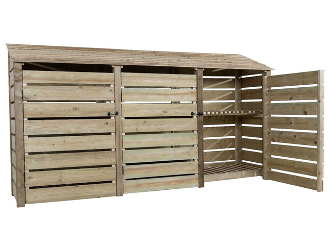 Slatted Wooden Log Store with Doors and Shelf W-335cm, H-126cm or 180cm, D-88cm