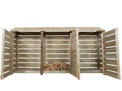 Slatted Wooden Log Store with Doors W-335cm, H-126cm or 180cm, D-88cm