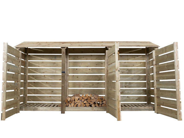Slatted Wooden Log Store with Doors W-335cm, H-126cm or 180cm, D-88cm