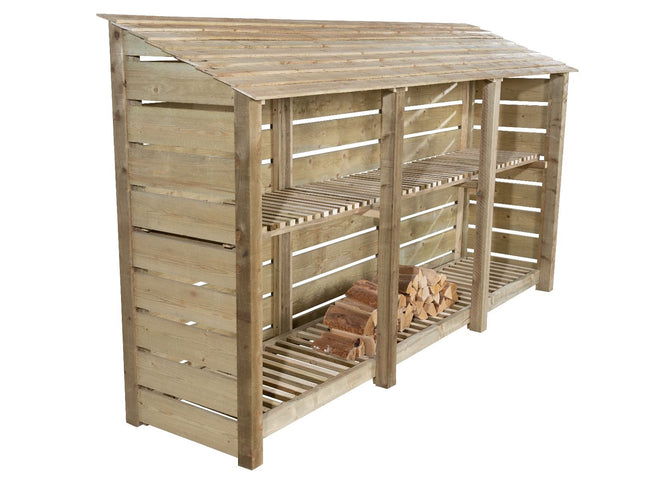 Slatted Wooden Log Store with Shelf W-335cm, H-126cm or 180cm, D-88cm