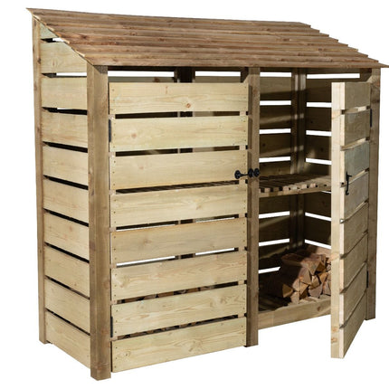Slatted Wooden Log Store with Doors And Shelf W-187cm, H-126cm or 180cm, D-88cm