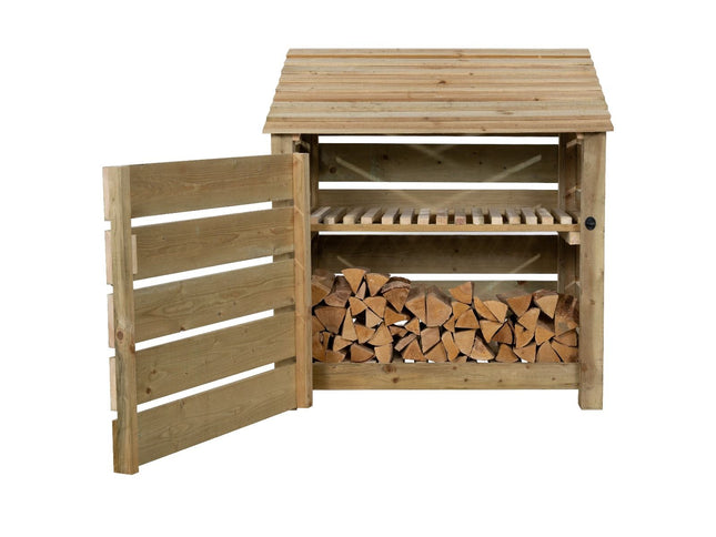 Slatted Wooden Log Store with Door and Shelf W-119cm, H-126cm Or 180cm, D-88cm