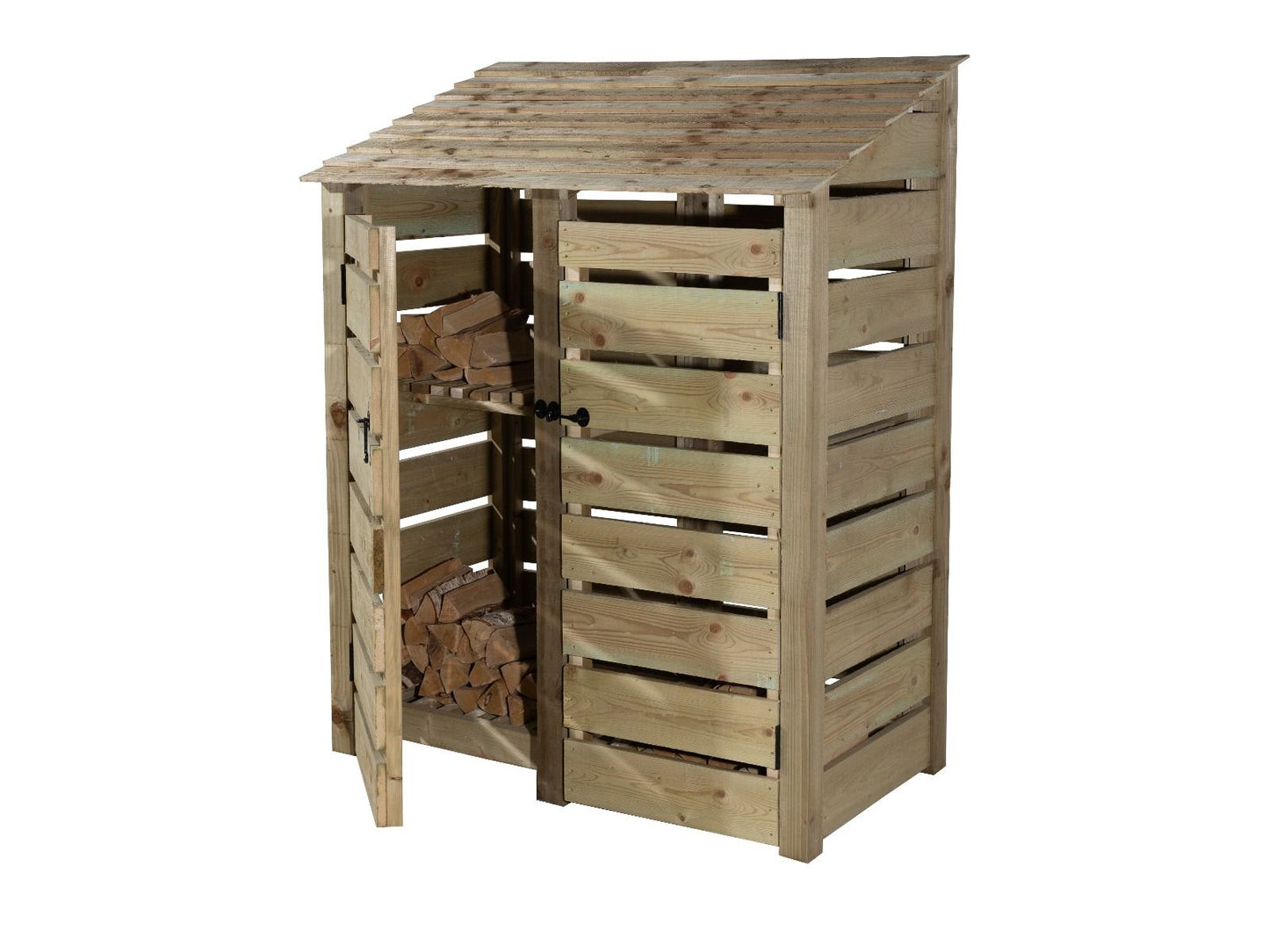 Slatted Wooden Log Store with Door and Shelf W-146cm, H-126cm or 180cm, D-88cm