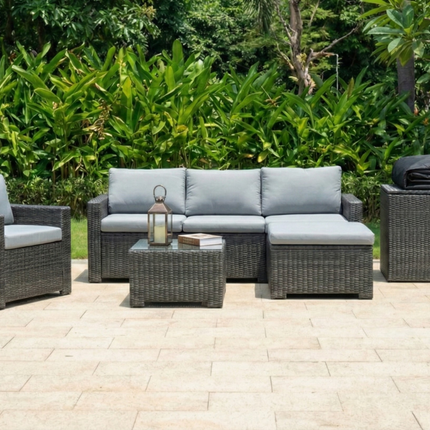 Marbella Grey 5 Seater Chaise Garden Sofa Set, Cover and Cushion Box Bundle