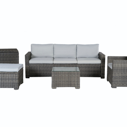 Marbella Grey 5 Seater Chaise Garden Sofa Set, Cover and Cushion Box Bundle
