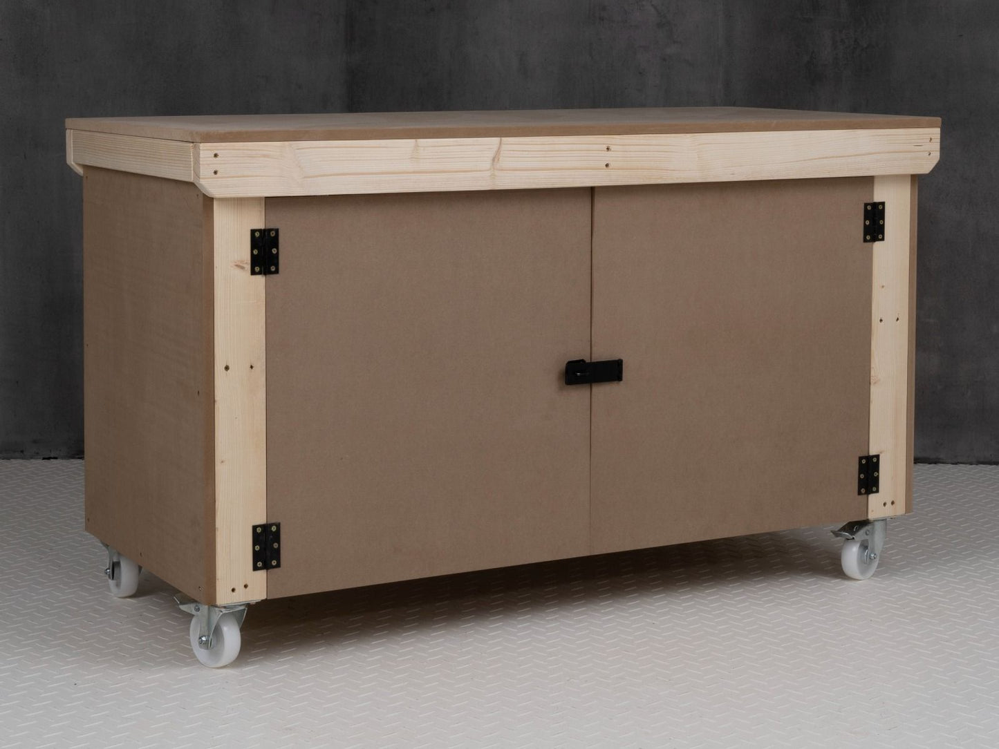 Wooden MDF Top Workbench With Lockable Cupboard (V.9) with wheels