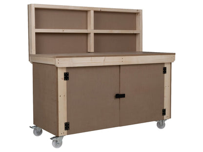 Wooden MDF Top Workbench With Lockable Cupboard (V.9) with back panel, double shelf and wheels