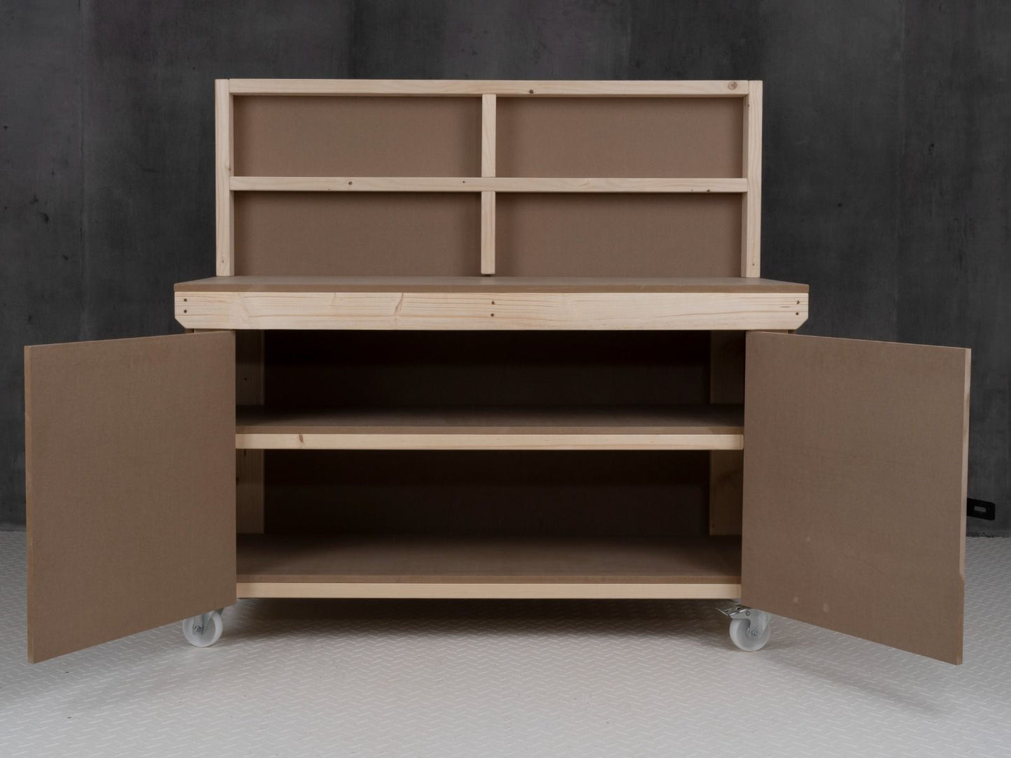 Wooden MDF Top Workbench With Lockable Cupboard (V.9) with back panel, double shelf and wheels