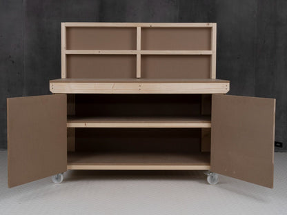 Wooden MDF Top Workbench With Lockable Cupboard (V.9) with back panel, double shelf and wheels