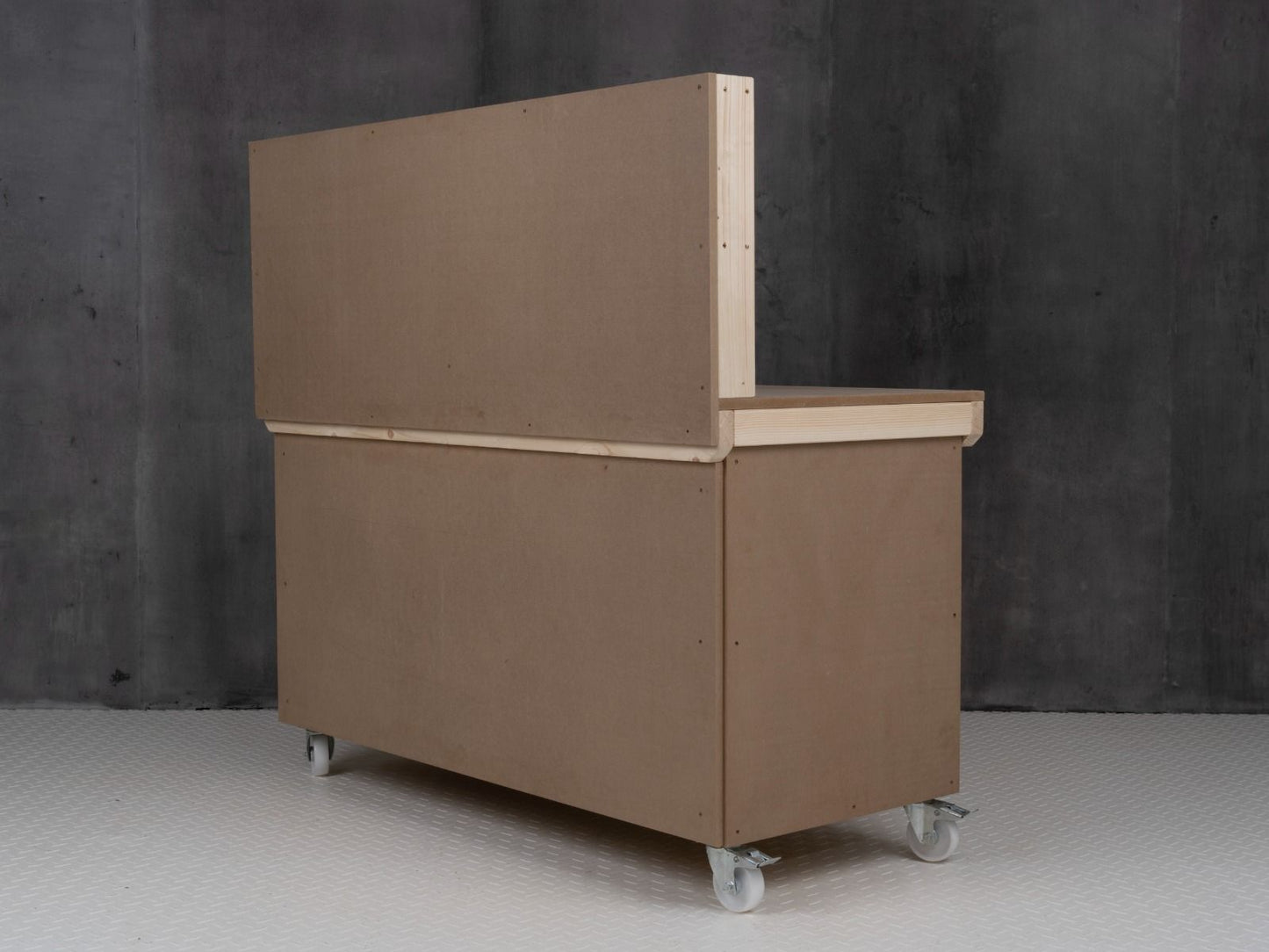 Wooden MDF Top Workbench With Lockable Cupboard (V.9) with back panel and wheels