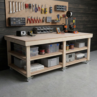 Wooden Workbench MDF Top Depth-4ft With Wheels and Double Shelf