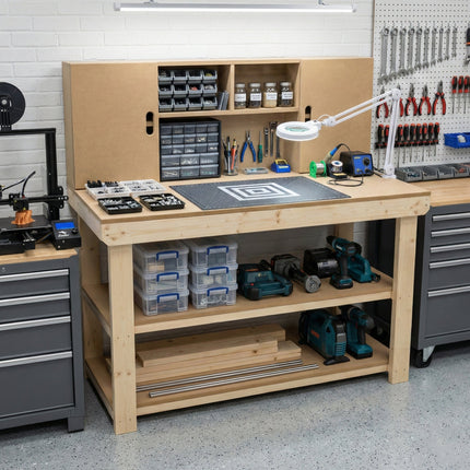 Wooden MDF top workbench with cupboard back panel and double shelf