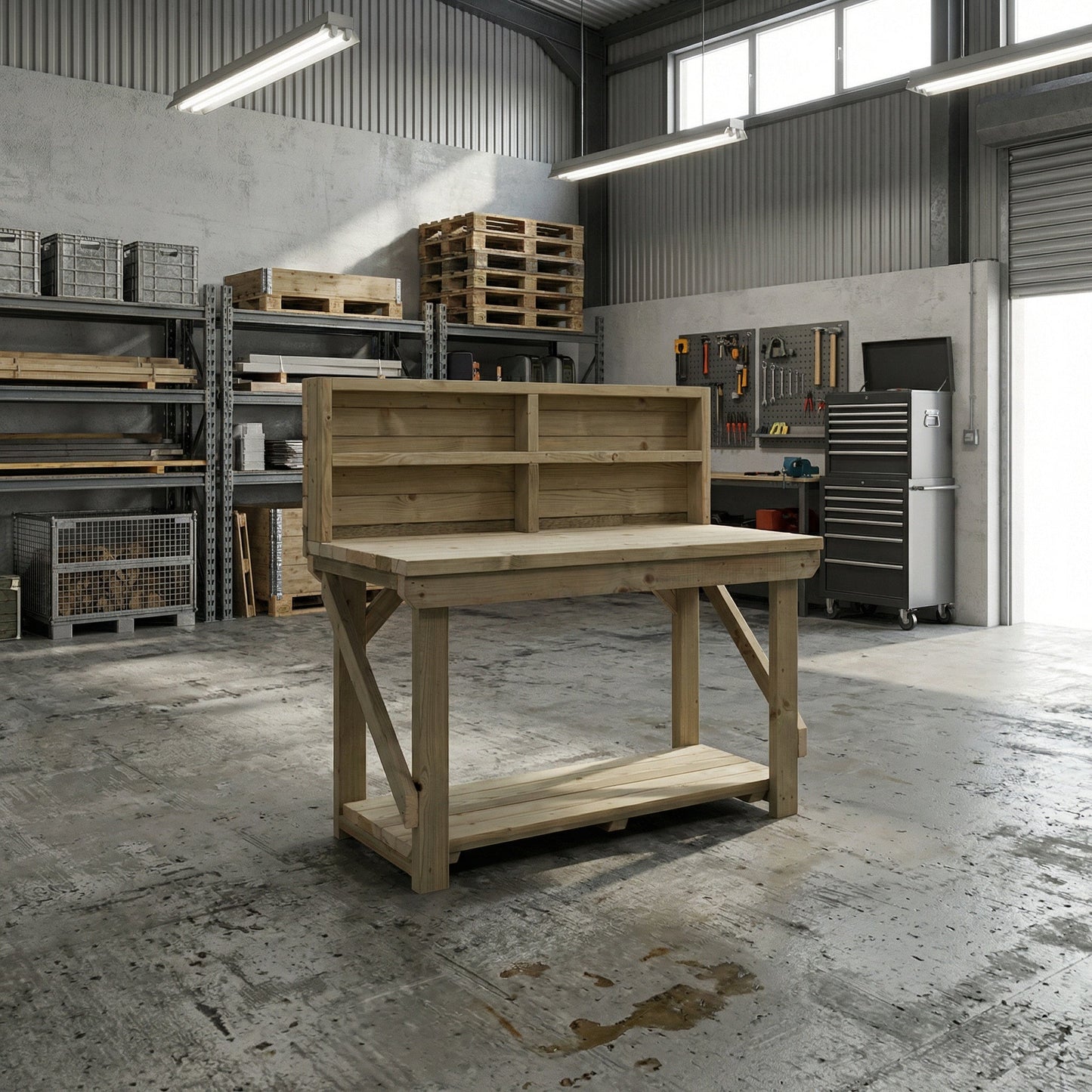 Indoor/outdoor workbench, pressure treated bench with back panel