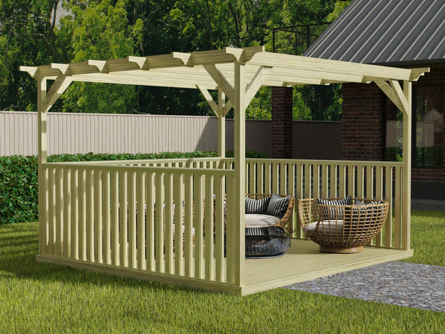 Square Pergola And Decking Kit With Three Side Balustrade