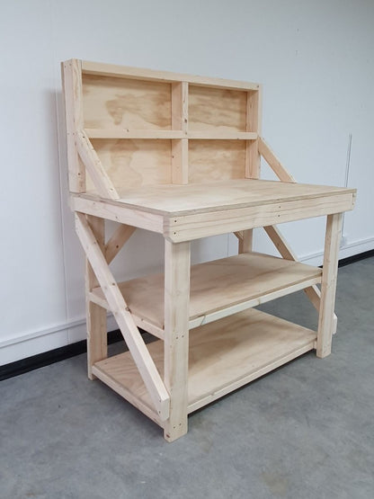 Wooden Workbench Superior Strength 18mm Plywood Top With Back Panel And Double Shelf