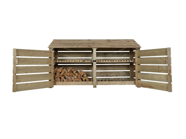 Slatted Wooden Log Store with Doors and Shelf W-227cm, H-126cm or 180cm, D-88cm