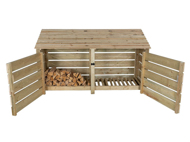 Slatted Wooden Log Store with Doors W-227cm, H-126cm or 180cm, D-88cm