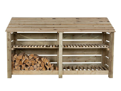 Slatted Wooden Log Store with Shelf W-227cm, H-126cm or 180cm, D-88cm