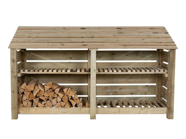 Slatted Wooden Log Store with Shelf W-227cm, H-126cm or 180cm, D-88cm