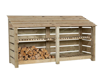 Slatted Wooden Log Store with Shelf W-227cm, H-126cm or 180cm, D-88cm
