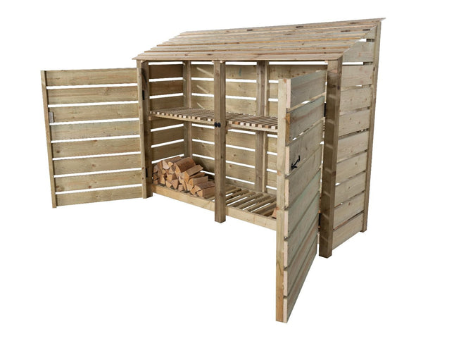 Slatted Wooden Log Store with Doors and Shelf W-227cm, H-126cm or 180cm, D-88cm