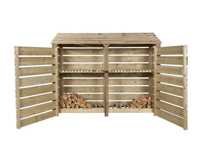 Slatted Wooden Log Store with Doors and Shelf W-227cm, H-126cm or 180cm, D-88cm