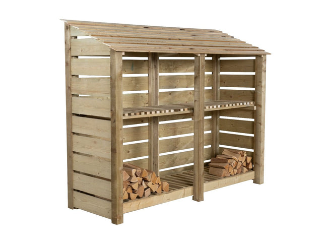 Slatted Wooden Log Store with Shelf W-227cm, H-126cm or 180cm, D-88cm
