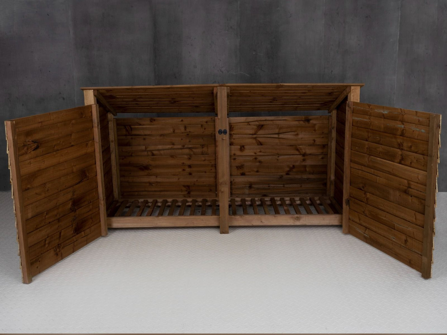 Wooden Log Store (Roof Sloping Back) with Doors W-227cm, H-126cm or 180cm, D-88cm - Brown Finish