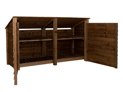 Wooden Log Store (Roof Sloping Back) with Doors and Shelf W-227cm, H-126cm or 180cm, D-88cm - Brown Finish