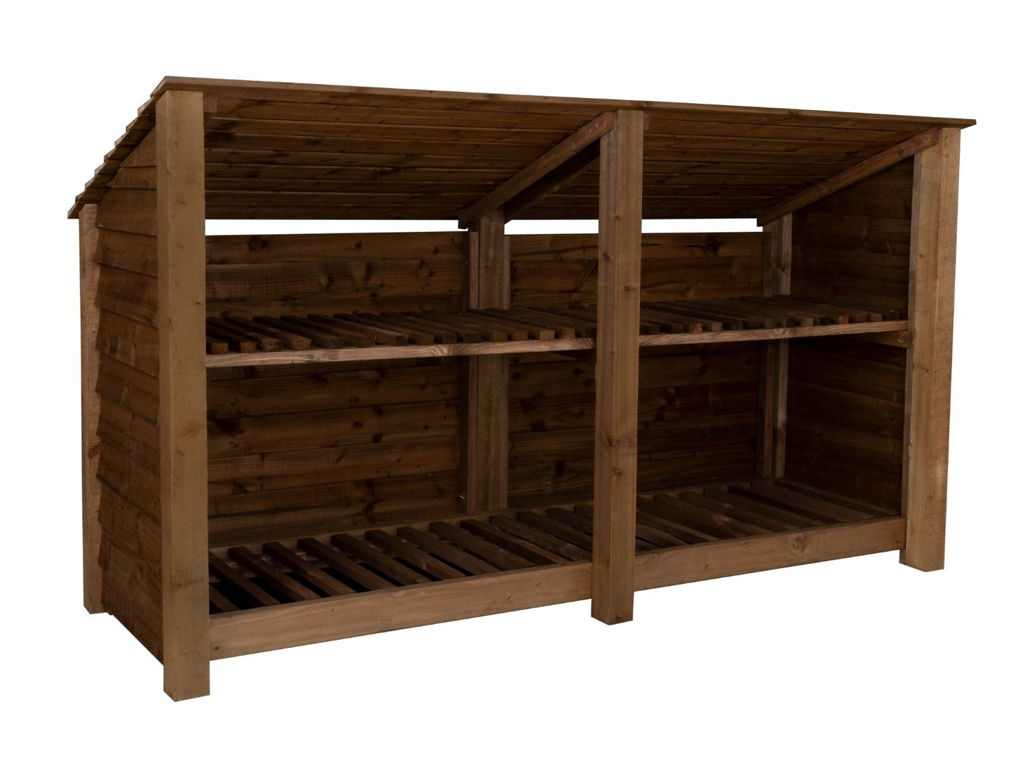Wooden Log Store (Roof Sloping Back) with Shelf W-227cm, H-126cm or 180cm, D-88cm - Brown Finish