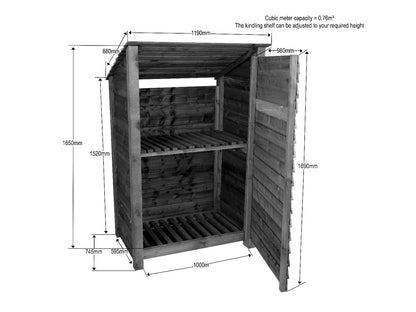 Wooden Garden Tool Storage with Shelf (Roof Sloping Back) W-119cm, H-126cm or 180cm, D-88cm