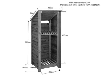Wooden Log Store with Shelf (Roof Sloping Back) W-79cm, H-126cm or 180cm, D-88cm