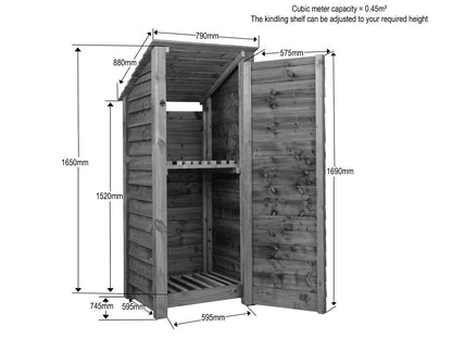 Wooden Log Store with Door and Shelf (Roof Sloping Back) W-79cm, H-126cm or 180cm, D-88cm - Brown Finish