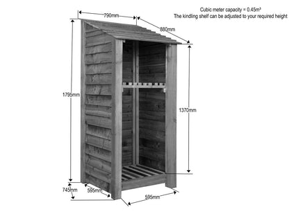 Wooden Log Store with Shelf W-79cm, H-126cm or 180cm, D-88cm - Brown Finish