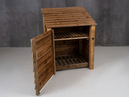 Wooden Log Store with Door and Shelf W-99cm, H-126cm Or 180cm, D-88cm - Brown Finish