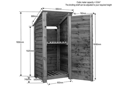 Wooden Log Store with Door and Shelf (Roof Sloping Back) W-99cm, H-126cm Or 180cm, D-88cm - Brown Finish