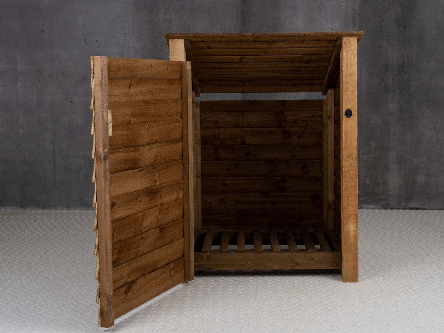 Wooden Log Store with Door (Roof Sloping Back) W-99cm, H-126cm Or 180cm, D-88cm - Brown Finish