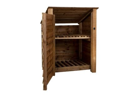 Wooden Log Store with Door and Shelf (Roof Sloping Back) W-99cm, H-126cm Or 180cm, D-88cm - Brown Finish